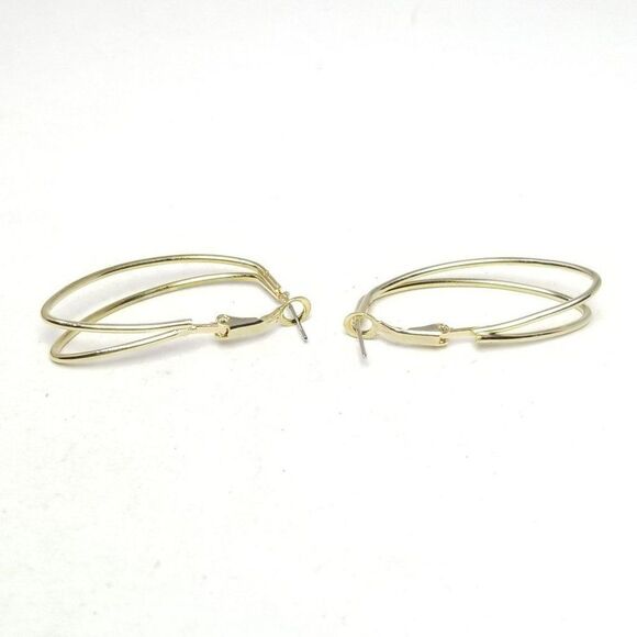 Vintage Oval Shape Hoop Earrings, Long Gold Tone Retro 80s 90s Style Design - Picture 3 of 5